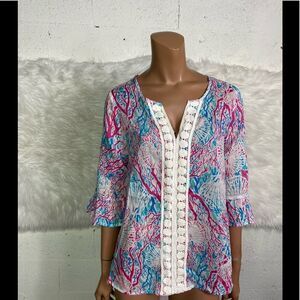 Casey Key Pink Blue White Printed Tunic Top M